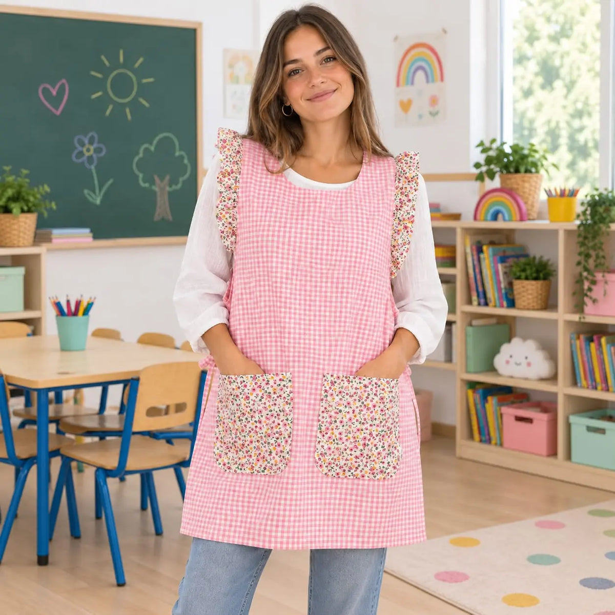 Modelo en un aula con estola de cuadros rosas, volantes y dos bolsillos florales.