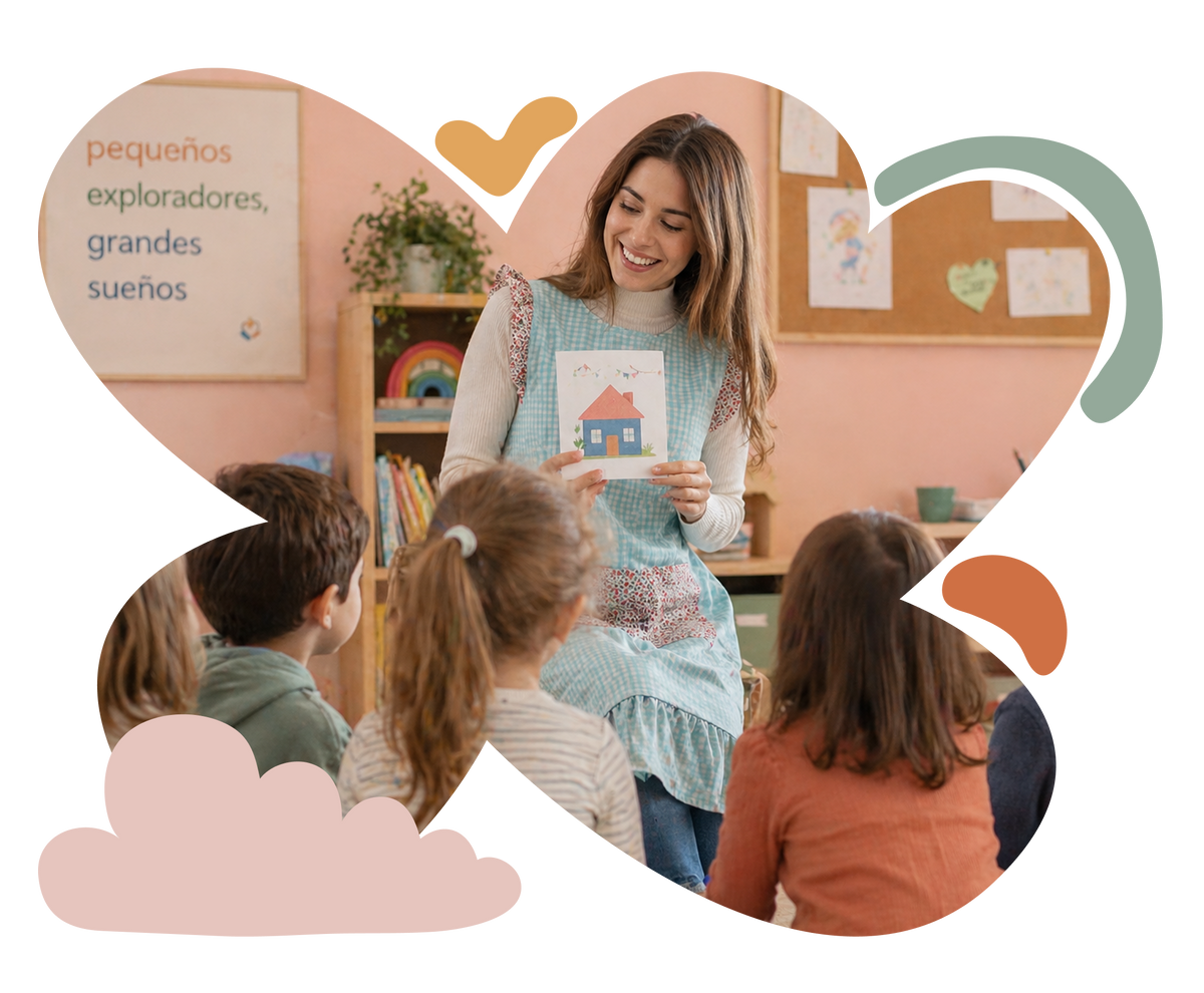 Maestra con estola verde menta mostrando una tarjeta ilustrada a un grupo de niños en el aula.